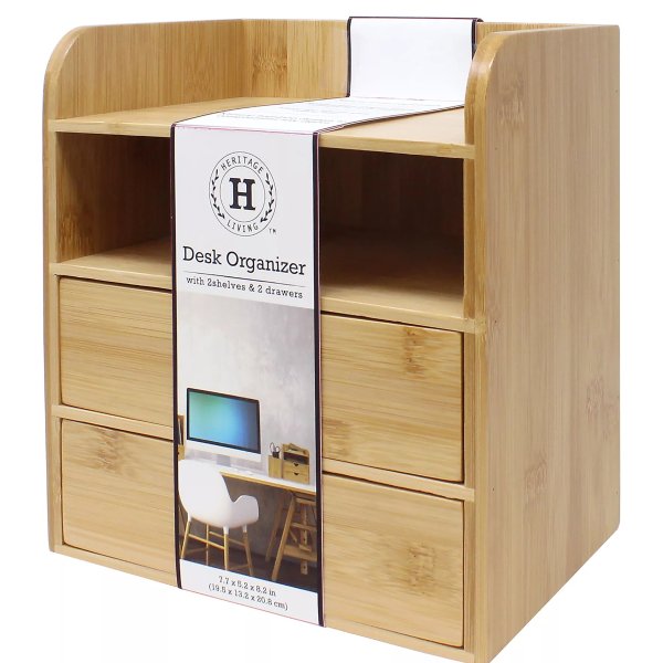 Bamboo Desk Organizer with 2 Shelves and 2 Drawers