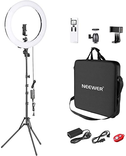 Advanced 2.4G 18-inch LED Ring Light, Bi-Color 3200-5600K Dimmable with LCD Screen and 2.4G Wireless Remote，Reverse Light Stand, Filter and Carrying Bag for Portrait Photography Video Shooting