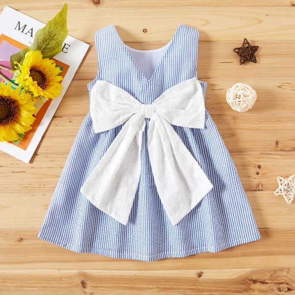 1pc Baby Girl Sleeveless Stripe Print Cotton & Polyester Bowknot Dress