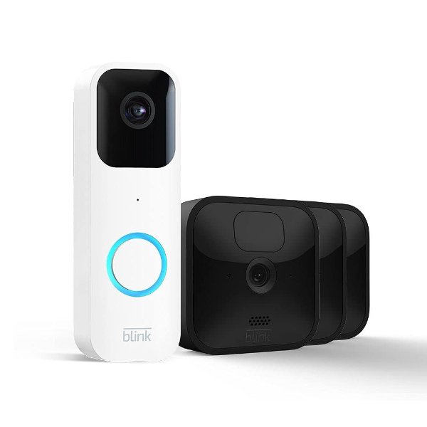 Introducing Blink Video Doorbell + 3 Outdoor camera system with Sync Module 2 | Two-way audio, HD video, motion and chime app alerts and Alexa enabled — wired or wire-free (White)