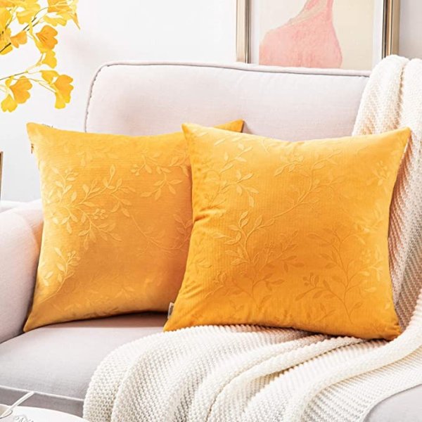 Topfinel Square Decorative Embossing Velvet Throw Pillow Covers for Couch Sofa Chair Embossed Branches and Leaves Texture Shape Cushion Cover 18 x 18 inches 45 x 45 cm, Set of 2, Yellow