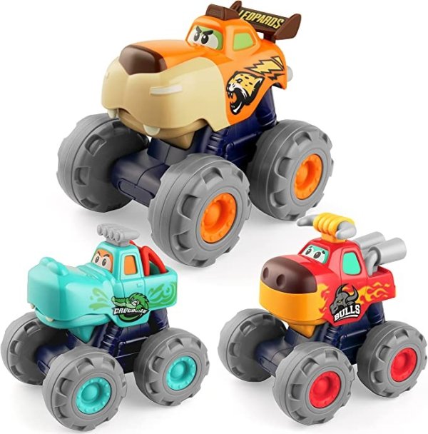 Friction Powered Cars 3PCS, Push and Go Construction Monster Vehicle Animal Trucks Toy Set, Gift for Birthday Baby Shower Xmas 123 Year Old Toddler Girls Boys
