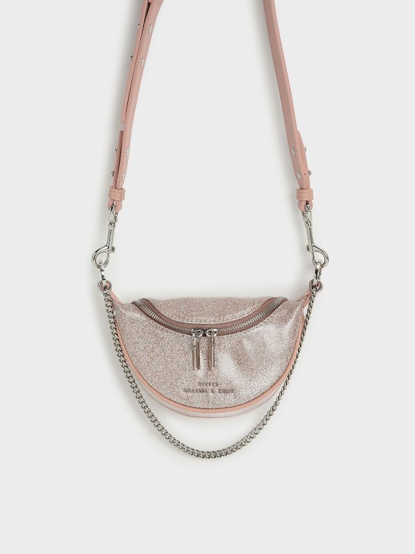 Light Pink Glittered Chain-Embellished Crossbody Bag | CHARLES &amp; KEITH