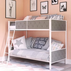 DHP Chesterfield Upholstered Bunk Bed, White Metal with Grey Linen