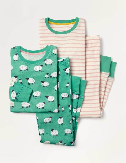 Twin Pack Long John Pajamas - Green Sheep/ Pink Stripe | Boden US