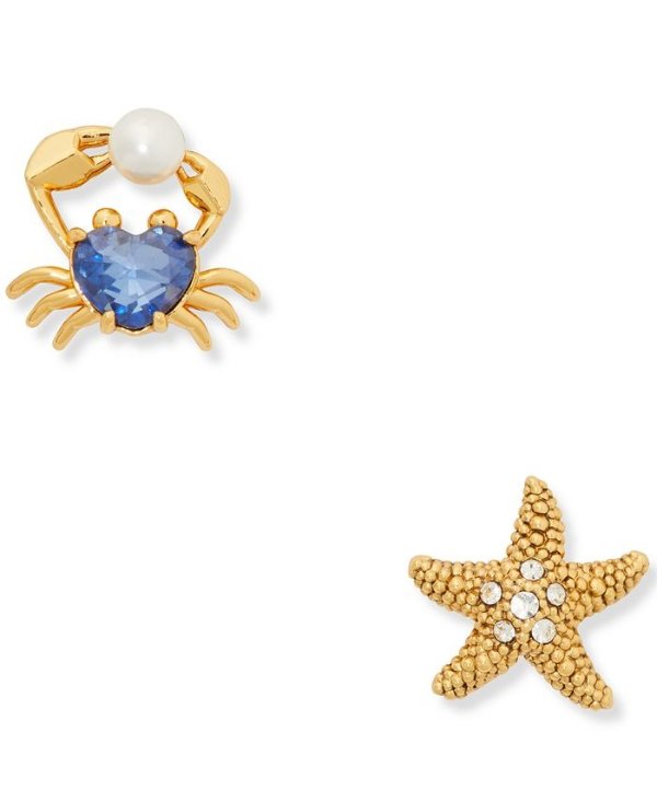 Gold-Tone Cubic Zirconia & Imitation Pearl Heart Crab & Starfish Mismatch Stud Earrings