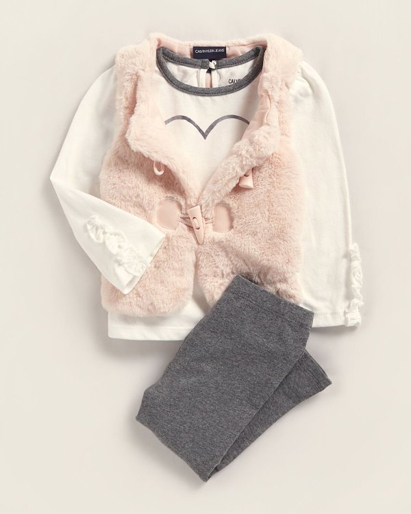 (Newborn/Infant Girls) 3-Piece Faux Fur Vest & Leggings Set