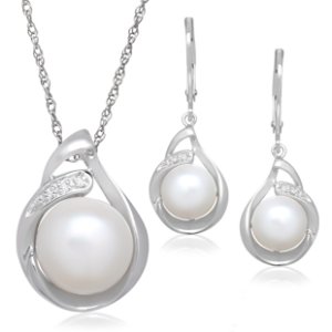 Matching Pearl Pendant & Drop Earrings with Diamonds in Sterling Silver @ Jewelry.com