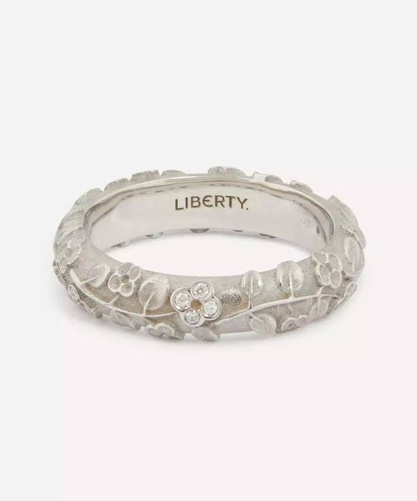 Liberty花卉拉丝银戒指 带钻