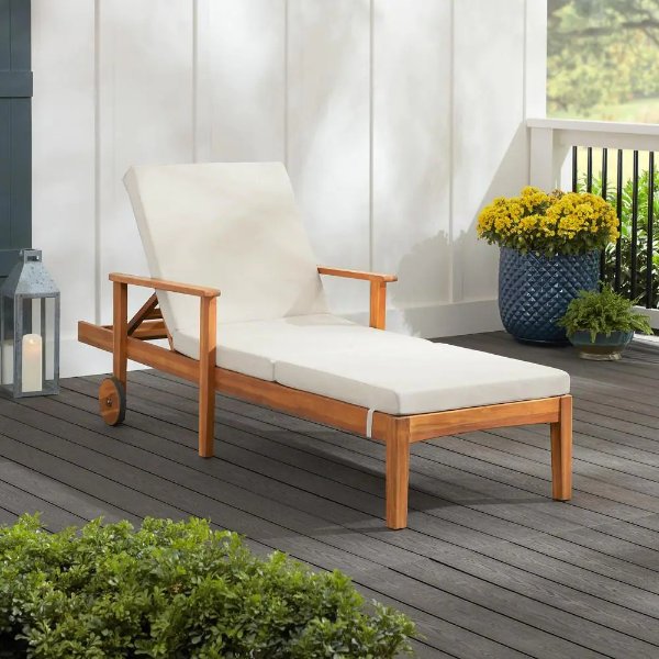 Willow Glen Farmhouse Wood Outdoor Patio Chaise Lounge with Wheels and Beige Cushions
