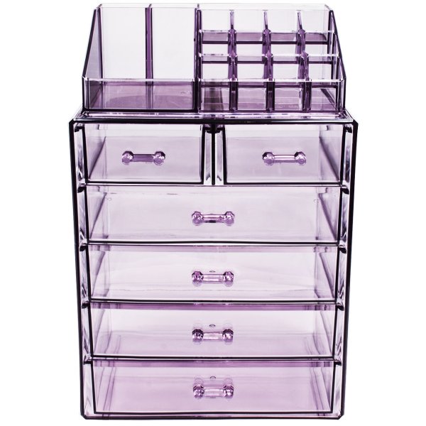 , Acrylic Cosmetic Makeup and Jewelry Storage Case Display, Spacious Design, 4 Large, 2 Small Drawers, Purple