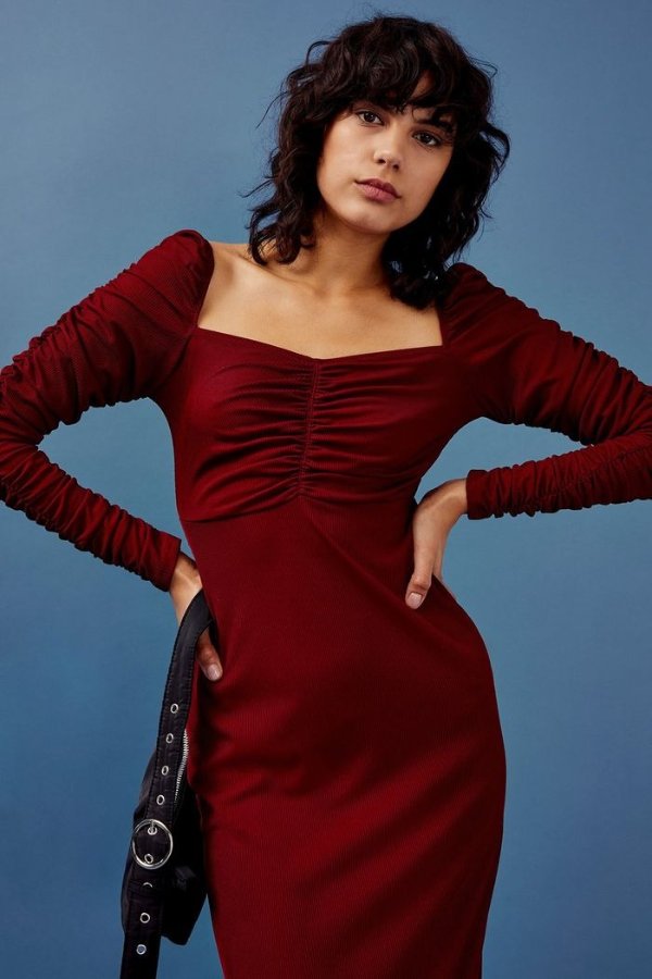 Burgundy Ribbed Ruched Jersey Midi Dress