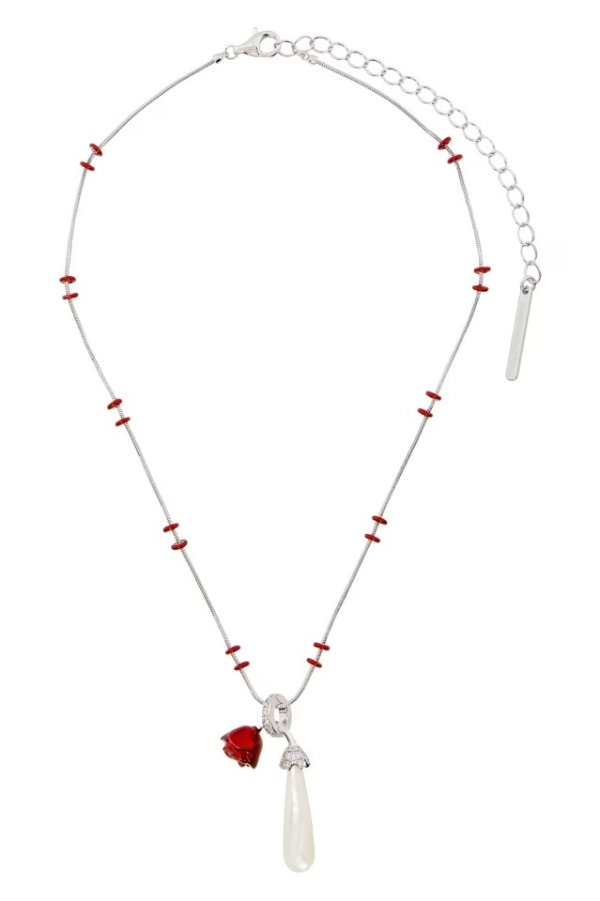 Silver & Red Pearl Drop Sleeping Rose Necklace