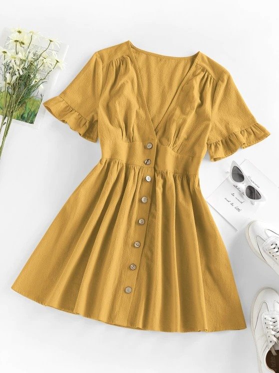 Button Front Plunge Ruffle A Line Dress DEEP YELLOW LIGHT COFFEE WHITE