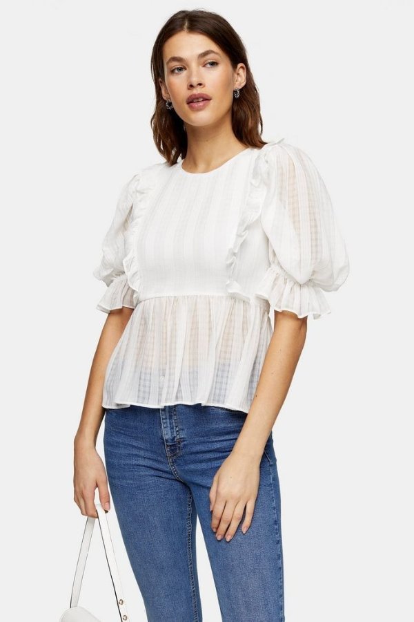 White Gingham Puff Sleeve Blouse