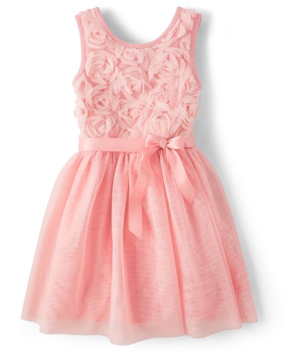 Girls Sleeveless 3D Rosette Mesh Woven Fit And Flare Dress | The Children's Place - ROSE PETAL