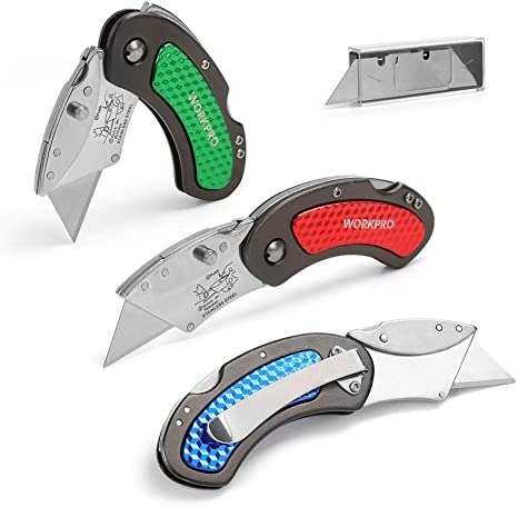 Folding Utility Knife Set Quick Change Blade, Back-lock Mechanism 3-piece with 10-piece Extra Blades