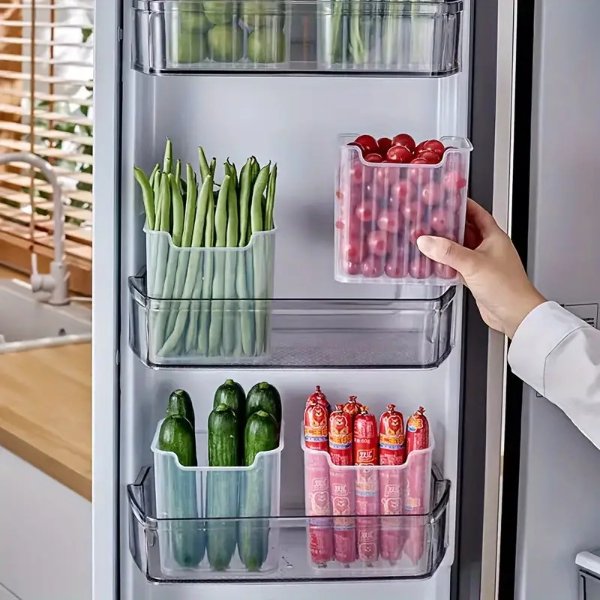 4Pcs Fridge Side Door Storage Containers, Clear Plastic Kitchen Cabinet Storage Bin Box, Refrigerator Stackable Organizer, for Vegetables, fruits, snacks, or Supplies.