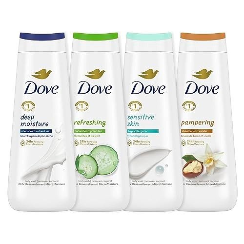Body Wash Deep Moisture, Sensitive Skin, Cucumber and Green Tea, and Shea Butter & Vanilla Collection 4 Count Skin Cleanser with 24hr Renewing MicroMoisture 20 oz