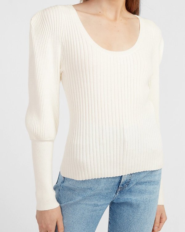 Ribbed Sharp Shoulder Blouson Sleeve Sweater