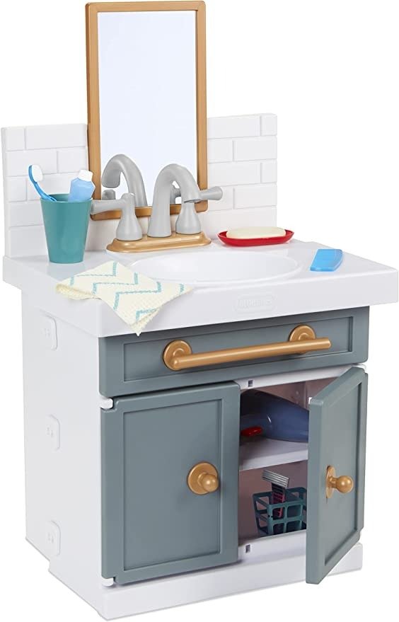 First Bathroom Sink with Real Working Faucet Pretend Play for Kids, 12 Bathroom Accessories, Interactive Unique Toy Multi-Color, Ages 2+ Grey