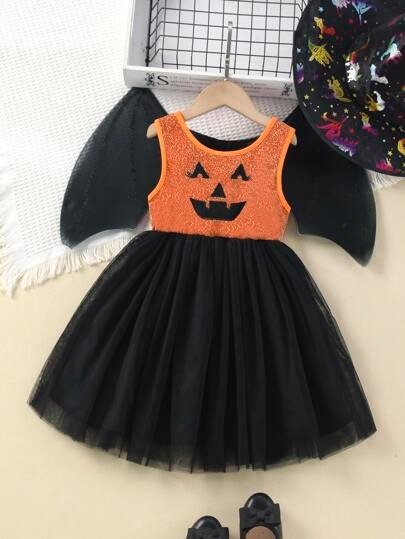Toddler Girls Halloween Pumpkin Embroidery Mesh Hem Party Dress