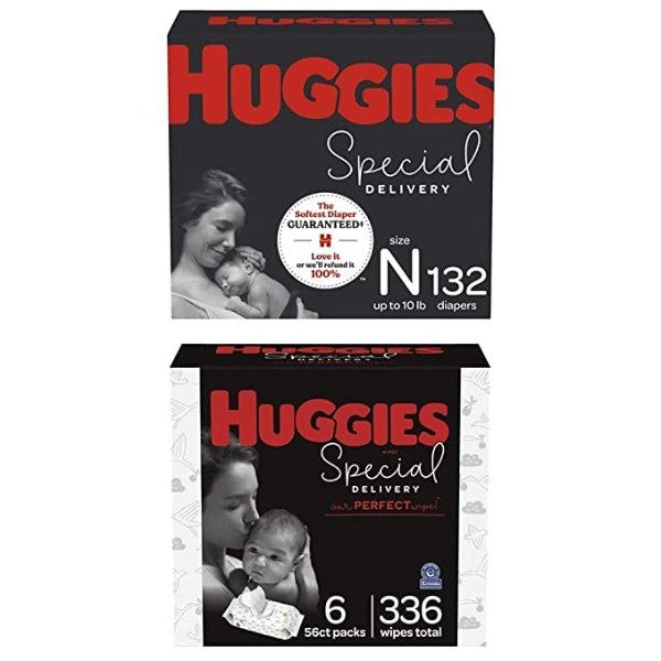 Baby Diapers and Wipes Bundle: Huggies Special Delivery Diapers Newborn Size, 132ct & Special Delivery Baby Diaper Wipes, Unscented, 6 Push Button Packs (336 Wipes Total)