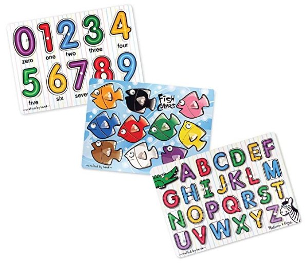 Classic Wooden Peg Puzzles, See-Inside Alphabet & Numbers, and Fish Mix & Match Colors, 3-Pack