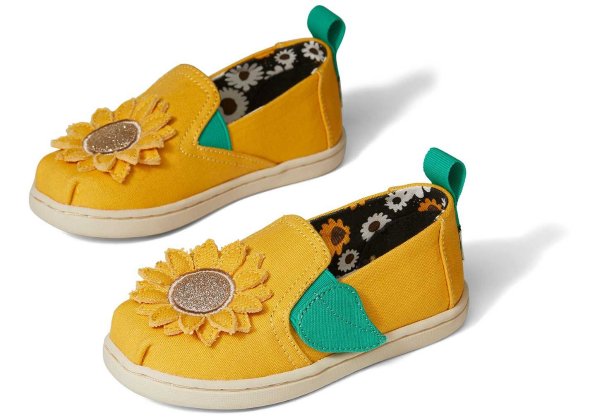 kids tiny yellow canvas sunflower alpargata slip on shoe | TOMS