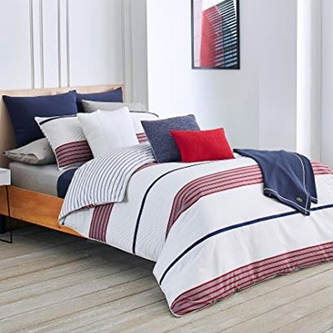 Lacoste Meribel Blue and Grey Colorblock Striped Brushed Twill Comforter Set Twin/Twin Extra Long Sunham Home Fashions 16911021 