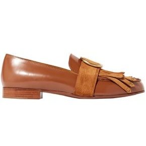 Olly fringed suede-trimmed embellished leather loafers
