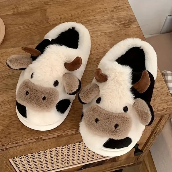 Cute Cartoon Cow Fuzzy Slippers, Closed Toe Soft Plush House Shoes, Cozy & Warm Home Slippers