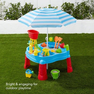 Kids Outdoor Sand & Water Table w/ 18 Accessories, Adjustable Umbrella