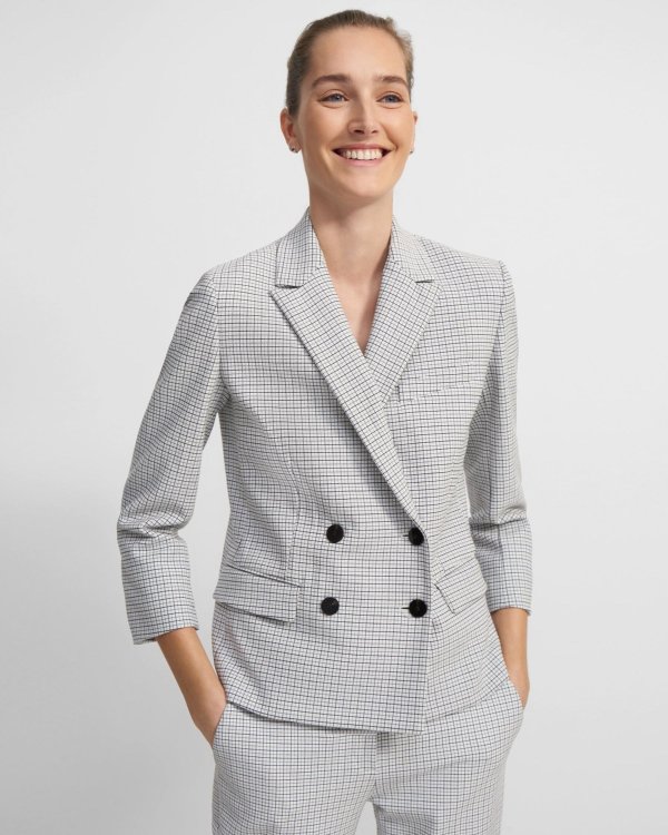 Shrunken Double-Breasted Blazer in Double-Face Grid Cotton