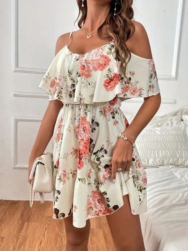 Floral Print Cold Shoulder Dress, Casual Ruffle Trim Dress For Spring & Summer, Women's Clothing