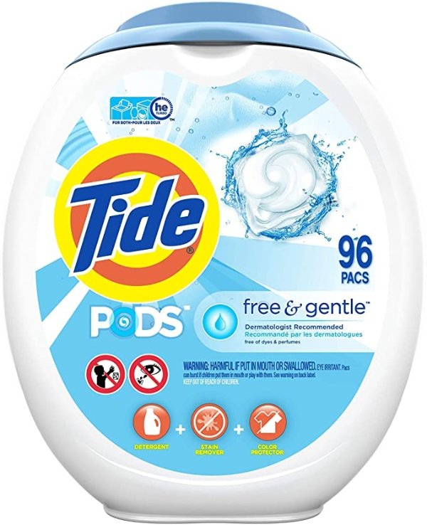 PODS Free and Gentle, Laundry Detergent Soap PODS, HE, 96 Count - Unscented and Hypoallergenic for Sensitive Skin, Free and Clear of Dyes and Perfumes