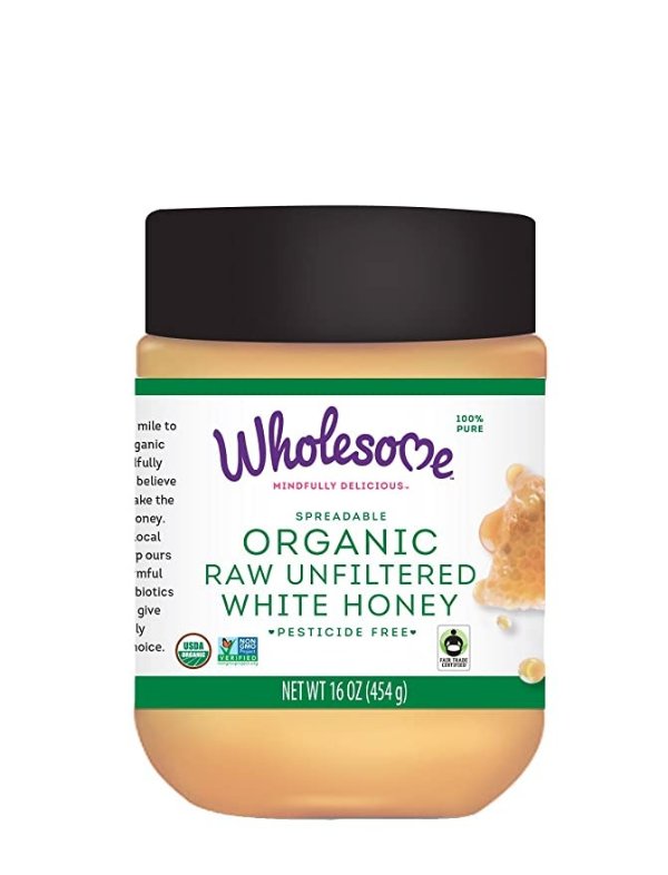 Organic Raw Unfiltered White Honey, Pesticide Free, Fair Trade, Non Glyphosate, Non GMO & Gluten Free, Spreadable, 16 oz jar (Pack of 1)