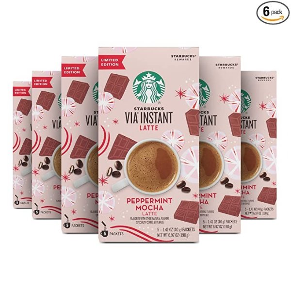 VIA Instant Coffee Flavored Packets — Peppermint Mocha Latte — 6 boxes (30 packets total)