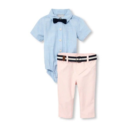 Baby Boys Short Sleeve Chambray Button Down Bodysuit Belted Woven Chino Pants And Bow Tie Set