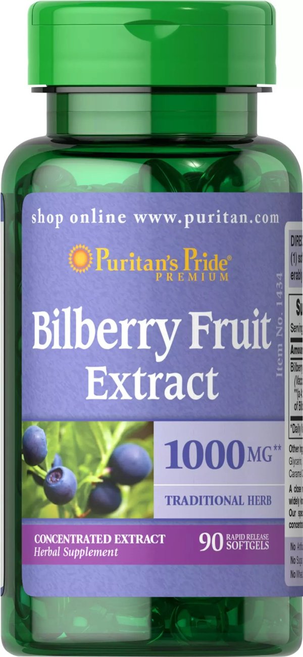 Bilberry 4:1 Extract 1000 mg 90 Softgels | Eye Health Supplements | Puritan's Pride