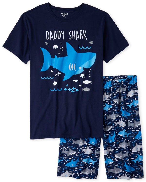Mens Matching Family Short Sleeve 'Daddy Shark' Shark Print Cotton Pajamas