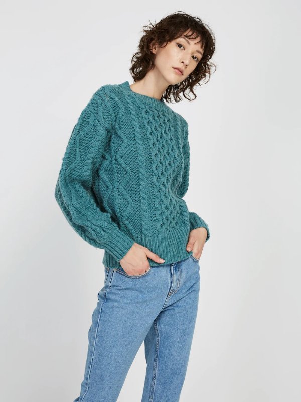 Wool-Blend Cable Sweater - Soft Teal