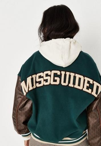 - GreenEmbroidered Back Faux Leather Sleeve Varsity Jacket