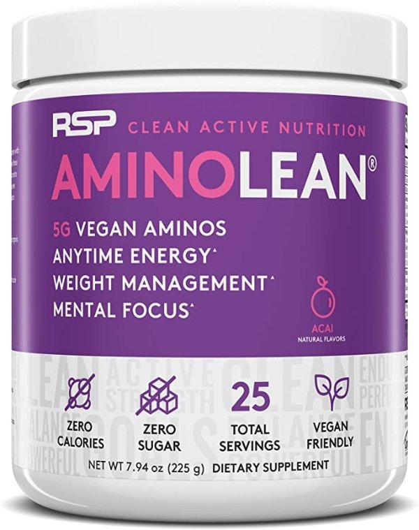 RSP Vegan AminoLean - All-in-One Natural Pre Workout, Amino Energy, Weight Management - Vegan BCAAs, Preworkout for Men & Women, Acai, 25 Serv