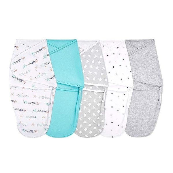 , Cotton Knit Baby Wrap, Newborn Wearable Swaddle Blanket, 5 Pack, Starlit, 0-3 Months