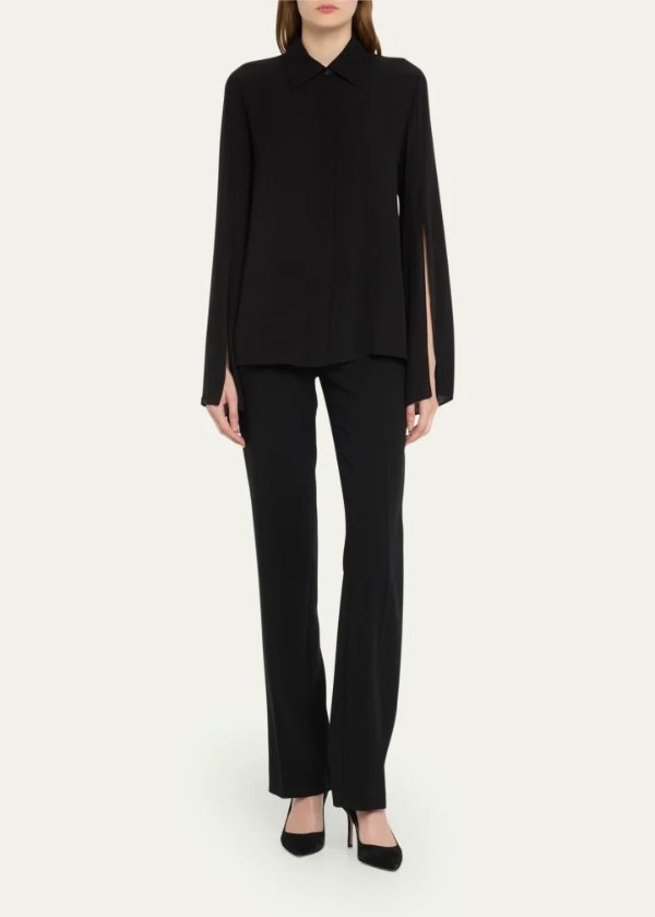 Button-Front Silk Shirt with Split Sleeves