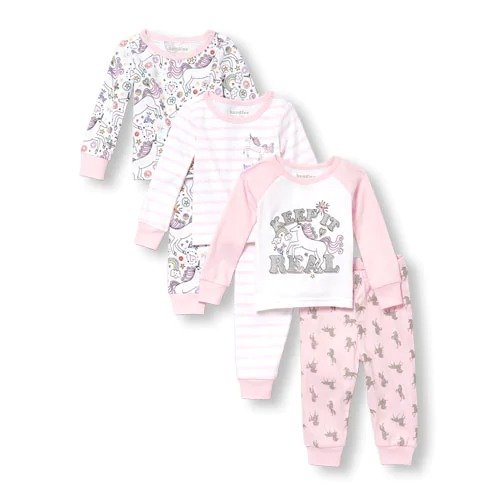 Baby And Toddler Girls Long Sleeve Glitter 'Keep It Real' Tops And Print Pants 6-Piece Snug-Fit Pajamas