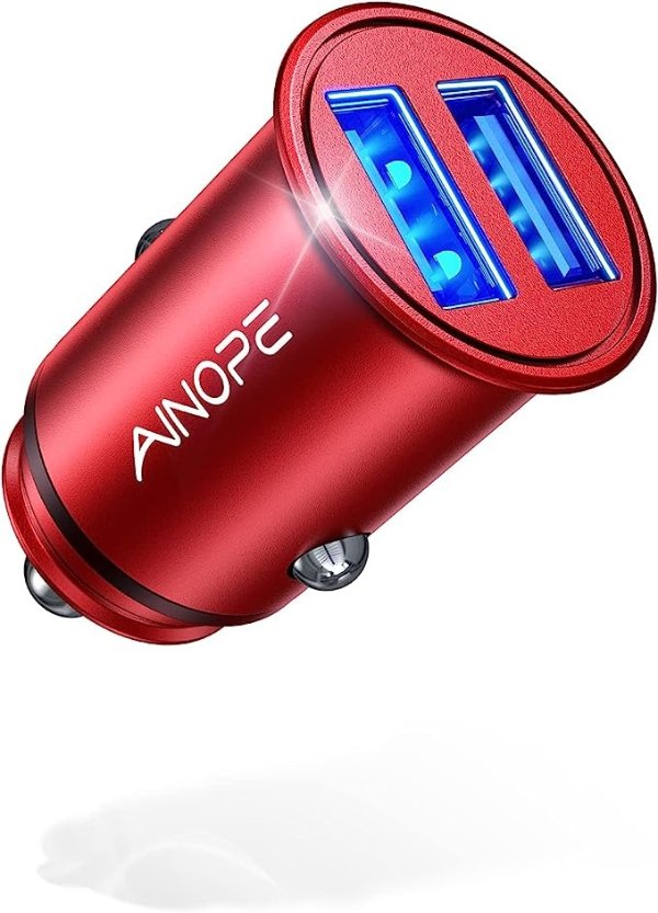 Car Charger, AINOPE Smallest 4.8A All Metal Car Charger Adapter Fast Charge USB Car Charger Flush Fit Compatible with iPhone 13/12/11 pro/XR/x/7/6s, iPad Air 2/Mini 3, Samsung Note 9/S10/S9/S8-Red