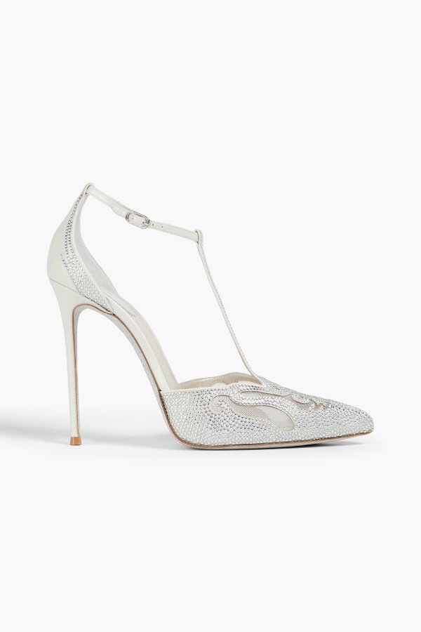Embellished leather, mesh, and satin pumps