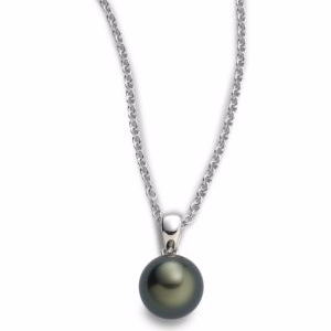 9MM Black Round Cultured South Sea Pearl & 18K White Gold Pendant Necklace